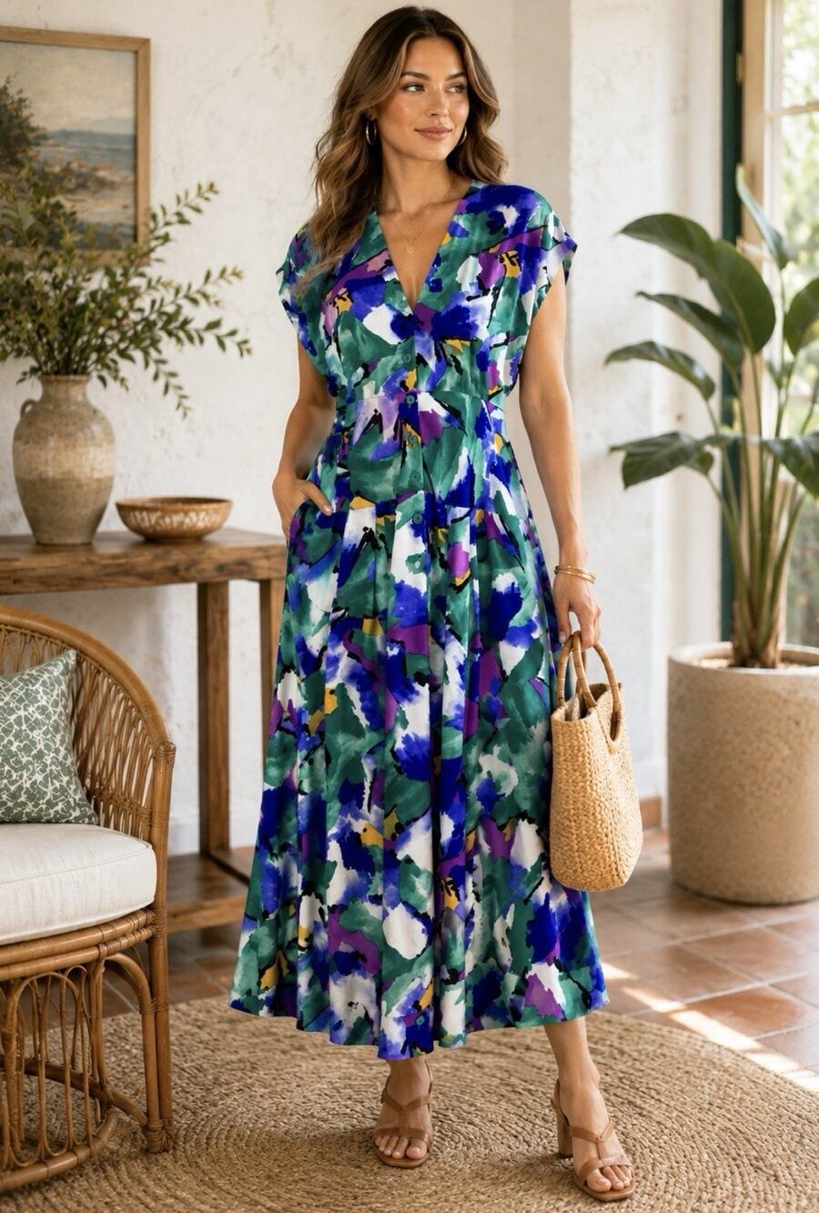 Vintage R.E.O. Originals Abstract Watercolor Maxi Dress Made USA ILGWU Size 14
